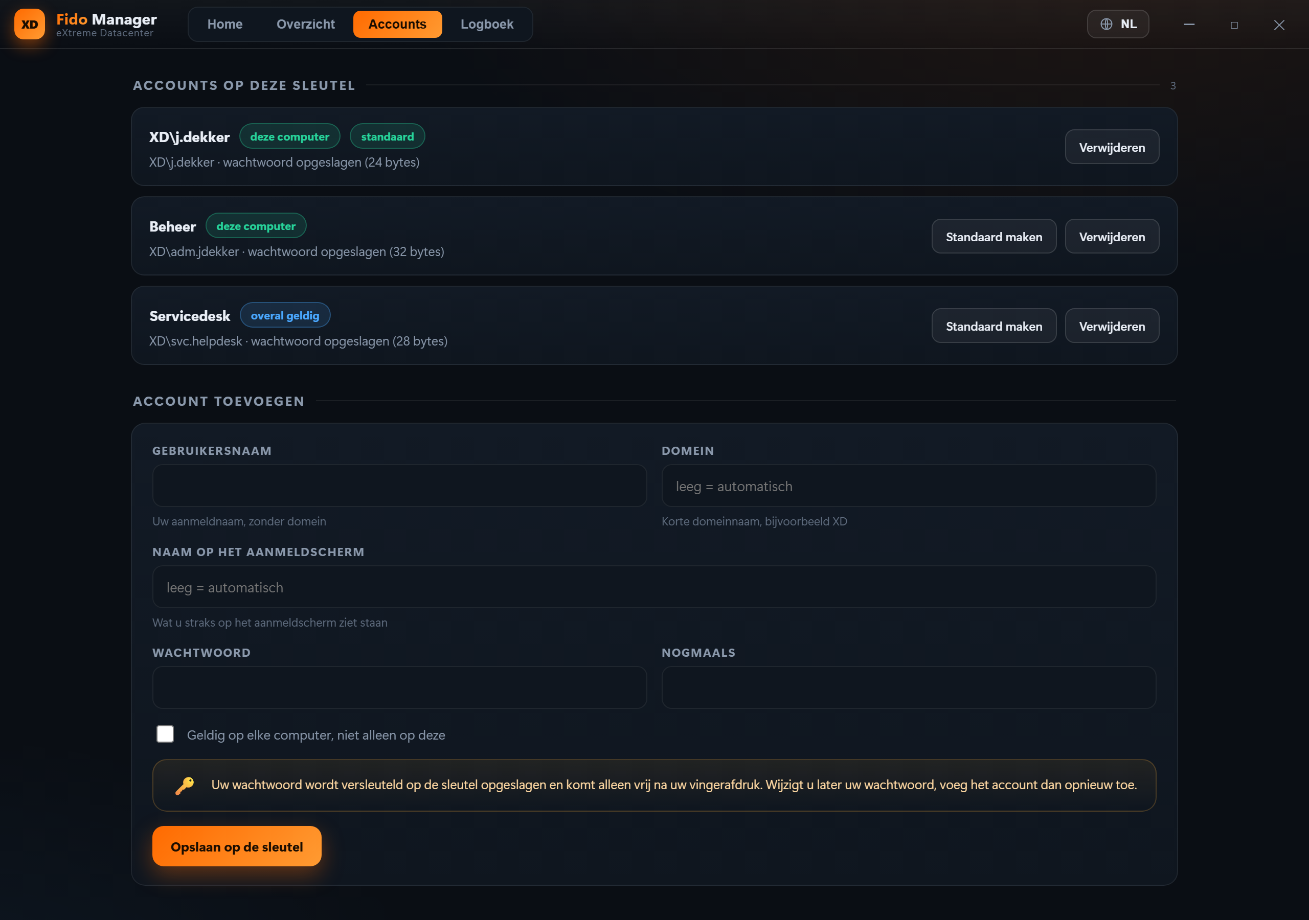 Fido Manager &ndash; Accounts: wat er op de sleutel staat, en toevoegen