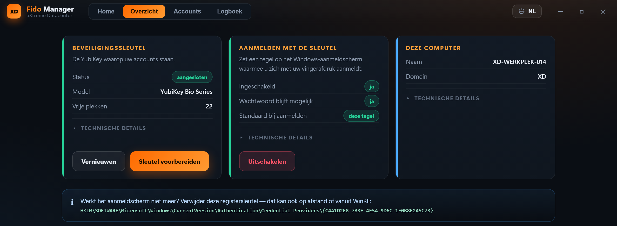 Fido Manager &ndash; Overzicht: sleutel, aanmeldtegel en computer