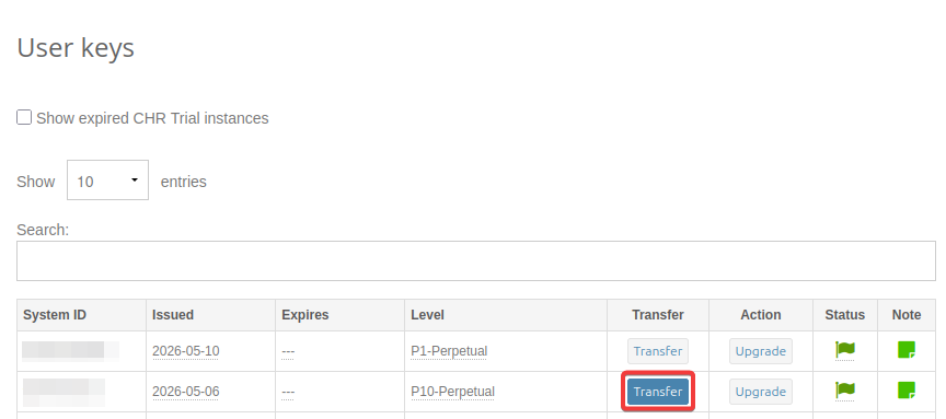 Transfer button location