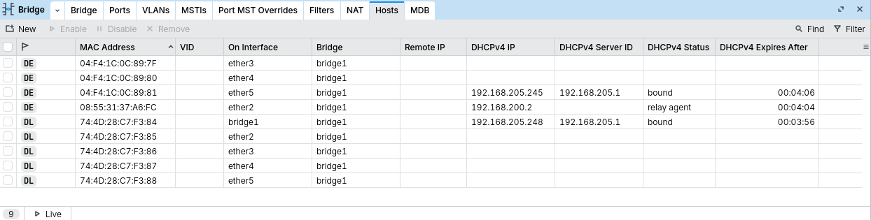 FDB with DHCP binding table in Winbox