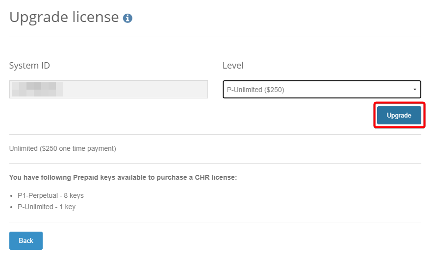 License Upgrade Level Select target